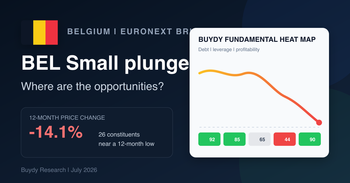 BEL Small index decline with Belgium flag and fundamental heat map of Belgian small-cap stocks