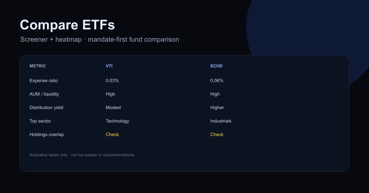 How to compare two ETFs side by side using holdings overlap, expense ratio, liquidity, and tracking difference
